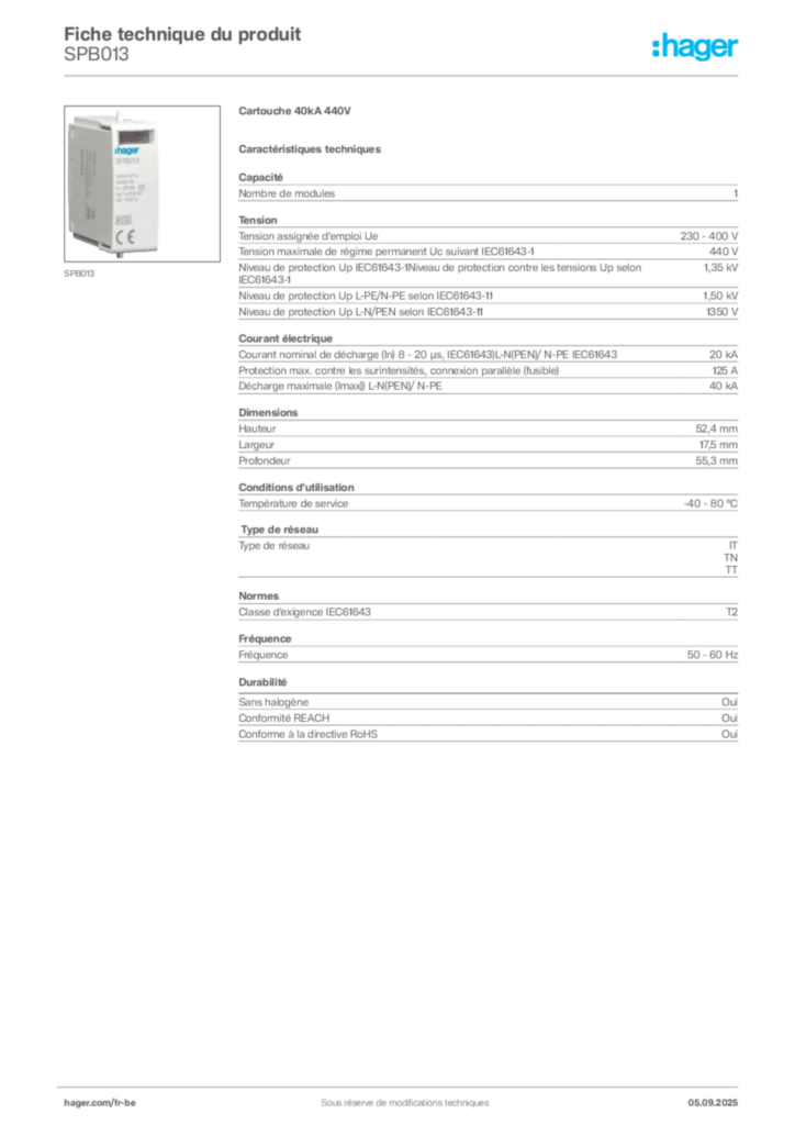 Image Hager Fiche technique du produit SPB013 | Hager Belgique
