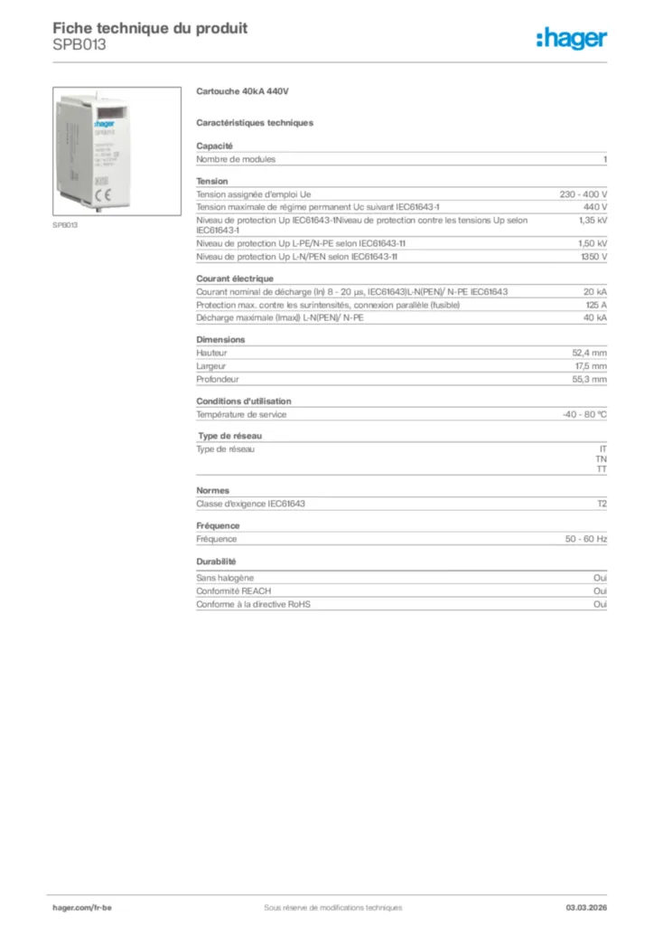 Image Hager Fiche technique du produit SPB013 | Hager Belgique