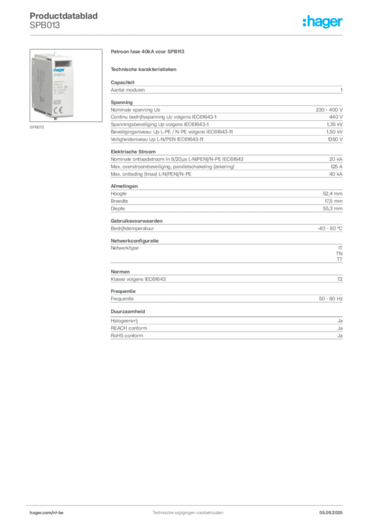 Afbeelding Hager Productdatablad SPB013 | Hager Belgium