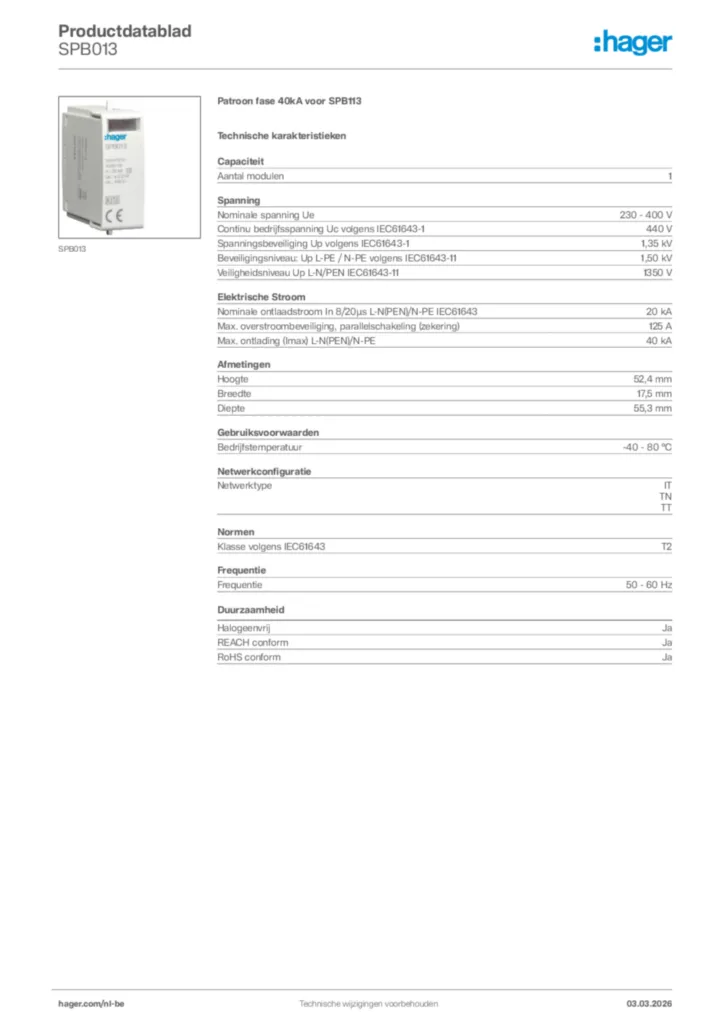 Afbeelding Hager Productdatablad SPB013 | Hager Belgium