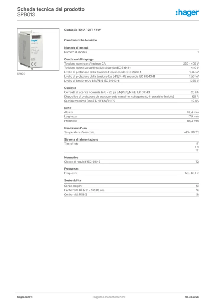 Immagine Hager Scheda tecnica del prodotto SPB013 | Hager Italia