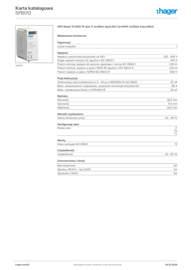 Zdjęcie Hager Karta katalogowa SPB013 | Hager Polska