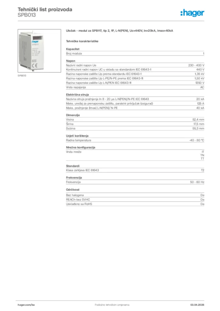 Slika Hager Tehnički list proizvoda SPB013  | Hager
