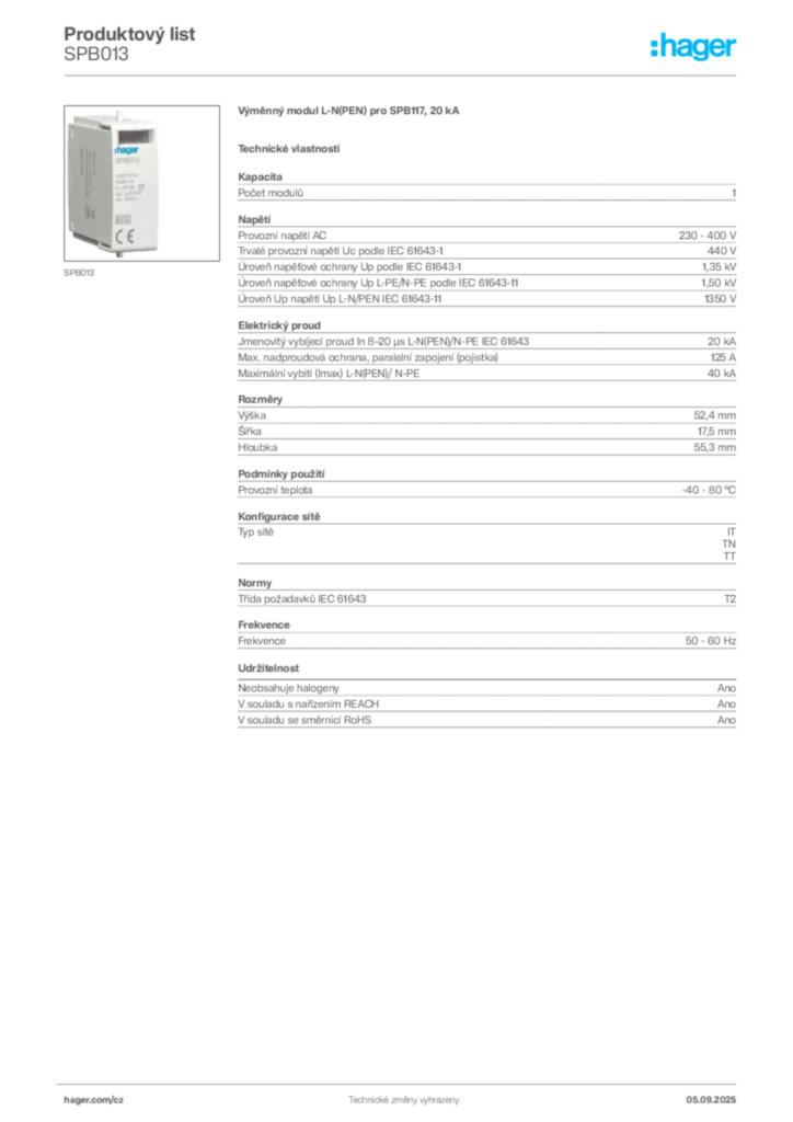 Obrázek Hager Produktový list SPB013 | Hager