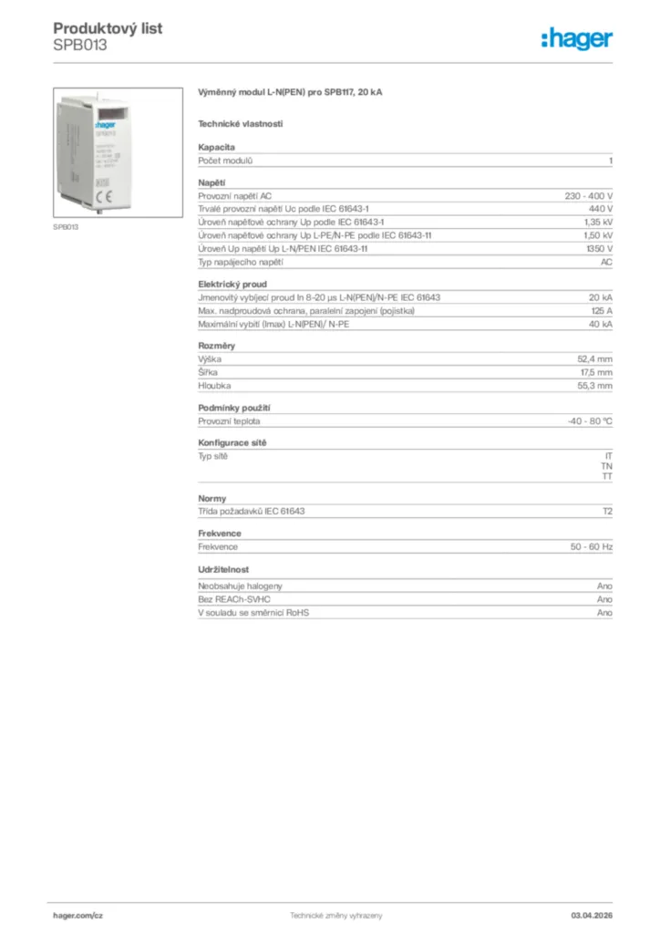Obrázek Hager Product data sheet SPB013 | Hager