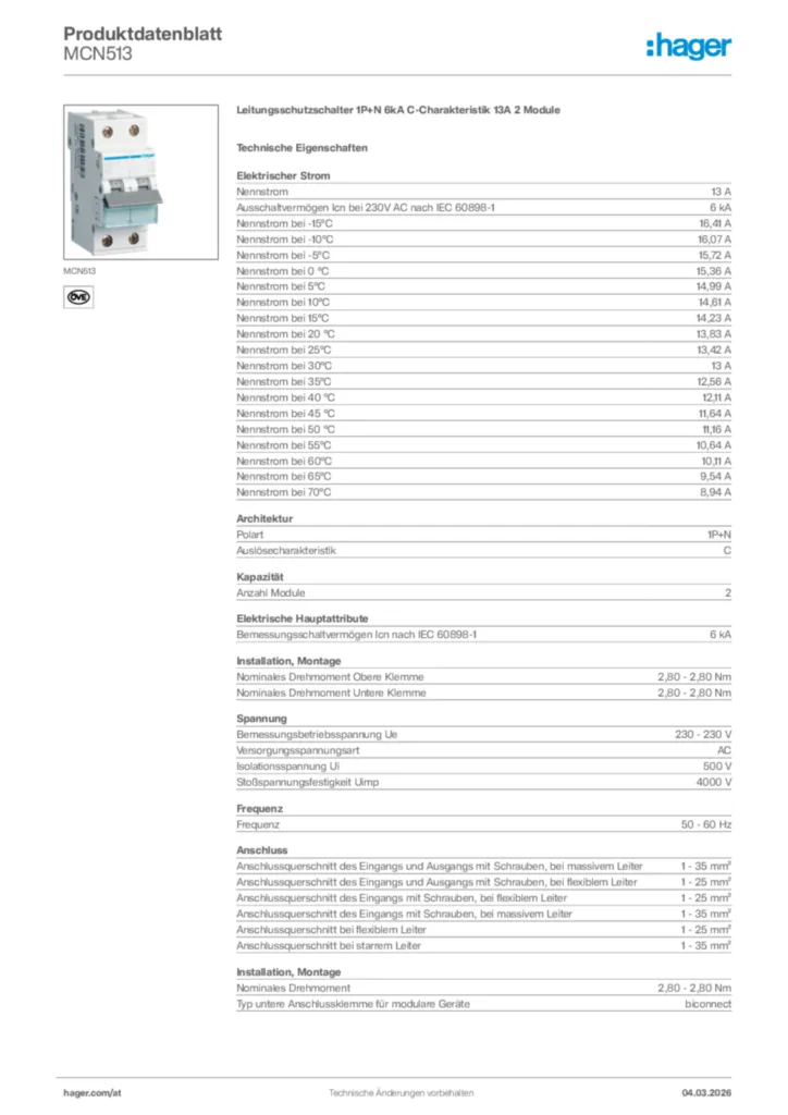 Bild Hager Produktdatenblatt MCN513 | Hager Deutschland