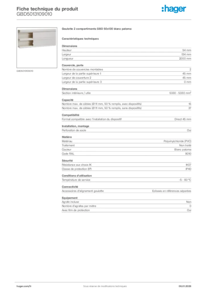 Image Hager Fiche technique du produit GBD5013109010 | Hager France