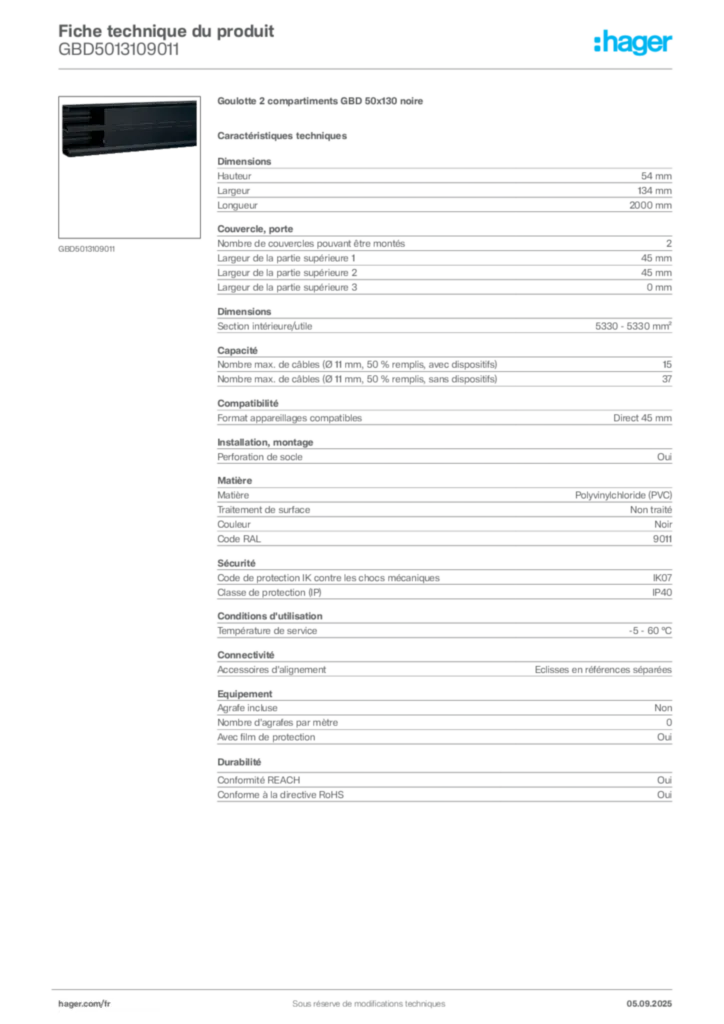Image Hager Fiche technique du produit GBD5013109011 | Hager France