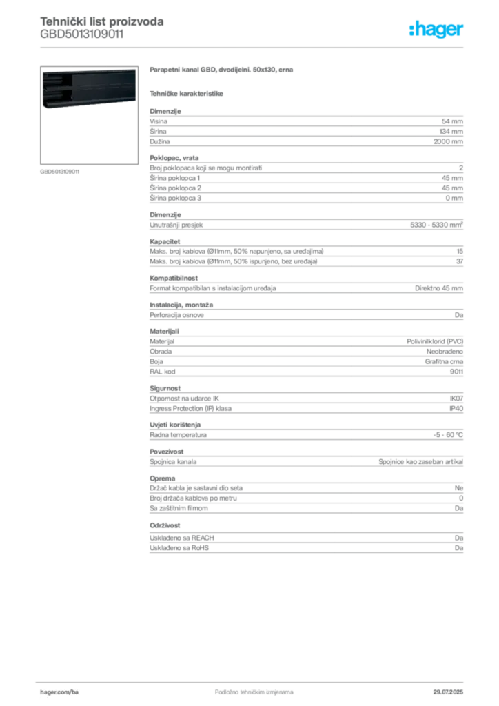 Slika Hager Product data sheet GBD5013109011  | Hager