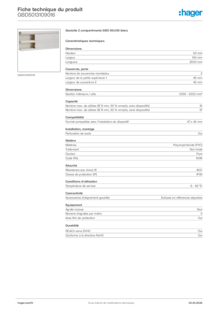 Image Hager Fiche technique du produit GBD5013109016 | Hager France