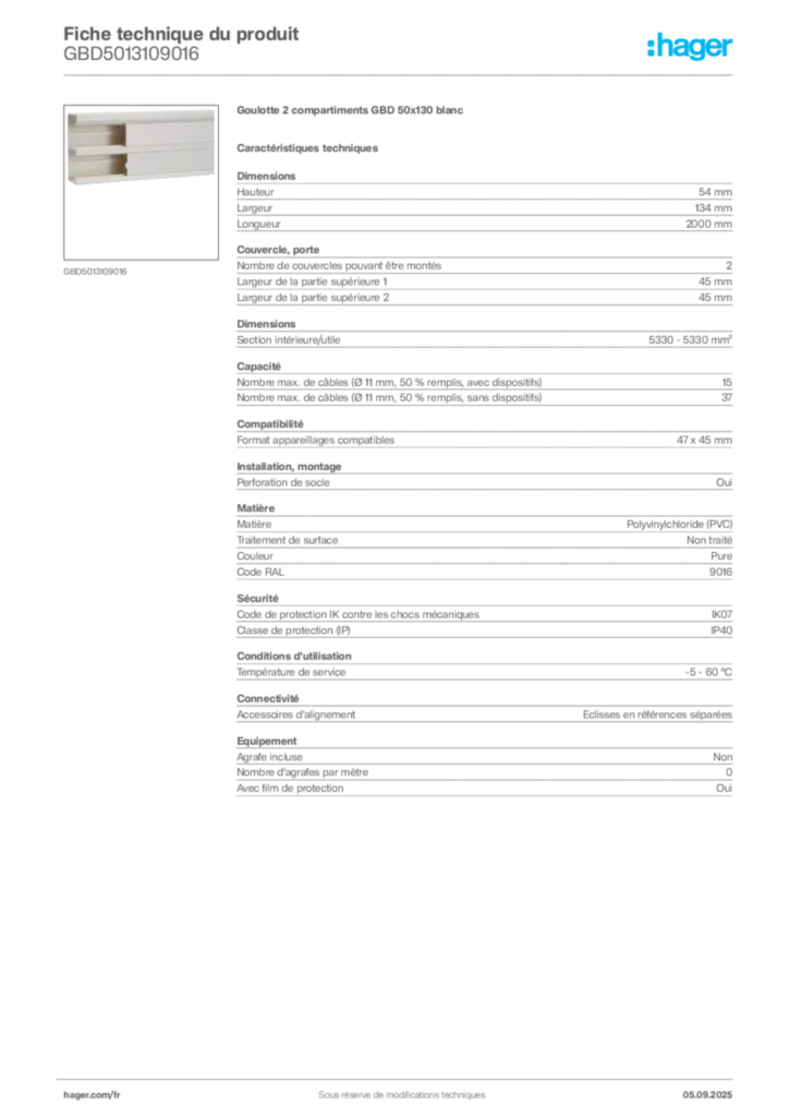 Image Hager Fiche technique du produit GBD5013109016 | Hager France