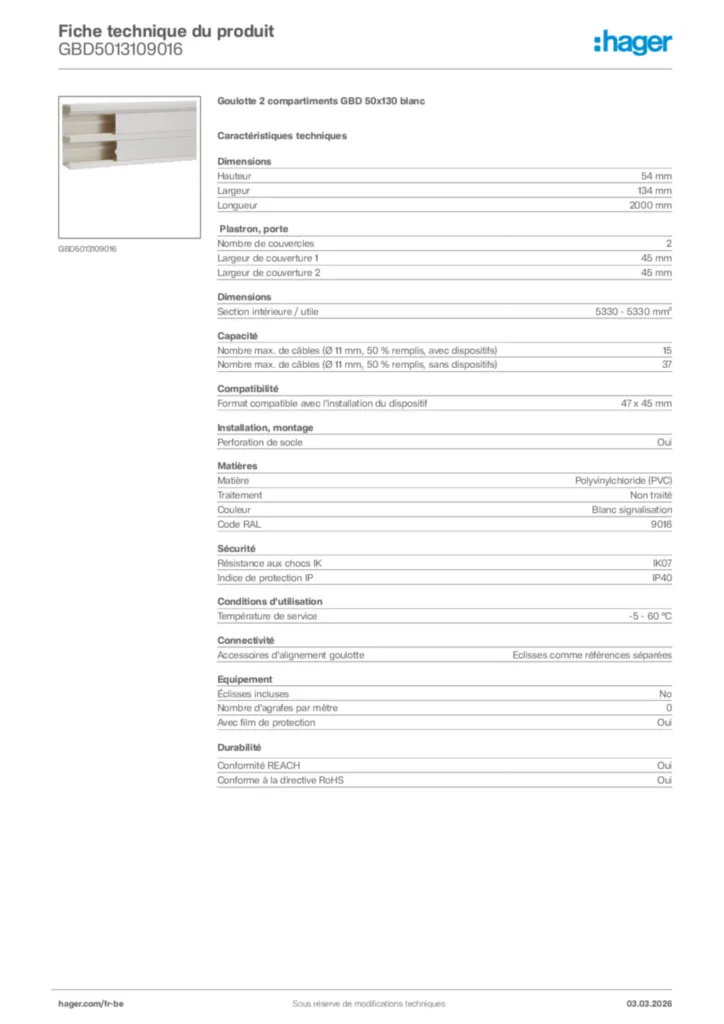 Image Hager Fiche technique du produit GBD5013109016 | Hager Belgique