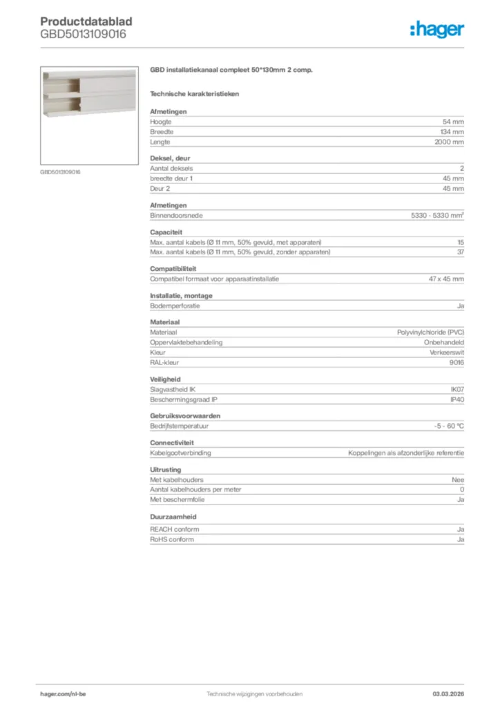Afbeelding Hager Productdatablad GBD5013109016 | Hager Belgium