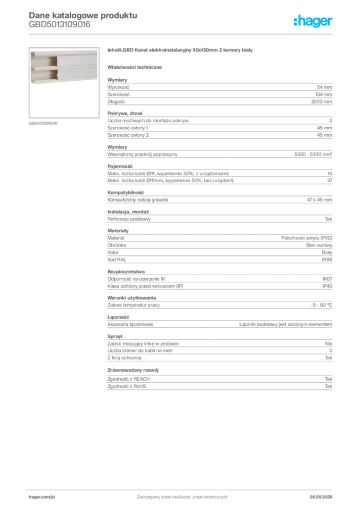 Zdjęcie Hager Dane katalogowe produktu GBD5013109016 | Hager Polska