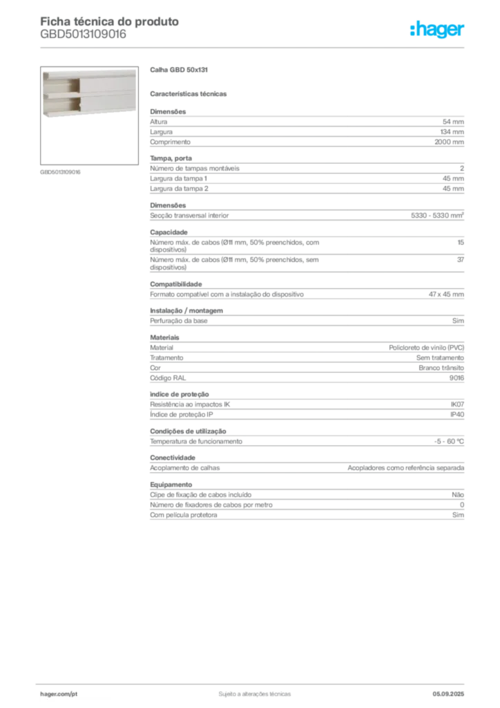 Imagem Hager Ficha técnica do produto GBD5013109016 | Hager Portugal