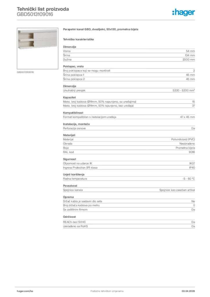 Slika Hager Tehnički list proizvoda GBD5013109016  | Hager