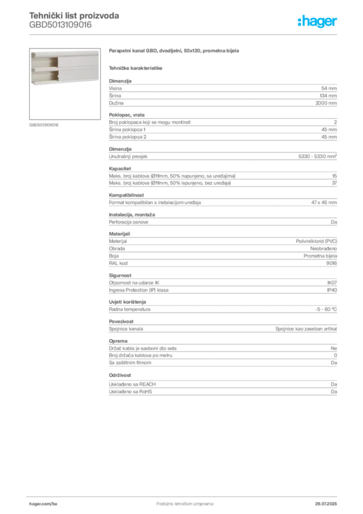 Slika Hager Product data sheet GBD5013109016  | Hager