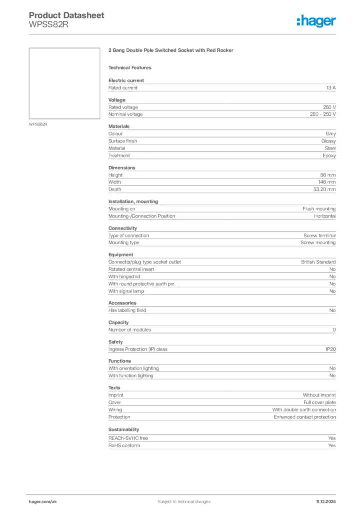 Image Hager Product data sheet WPSS82R  | Hager