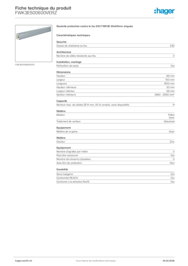 Image Hager Fiche technique du produit FWK3E500600VERZ | Hager Suisse