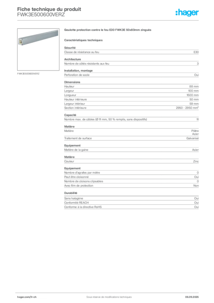 Image Hager Fiche technique du produit FWK3E500600VERZ | Hager Suisse