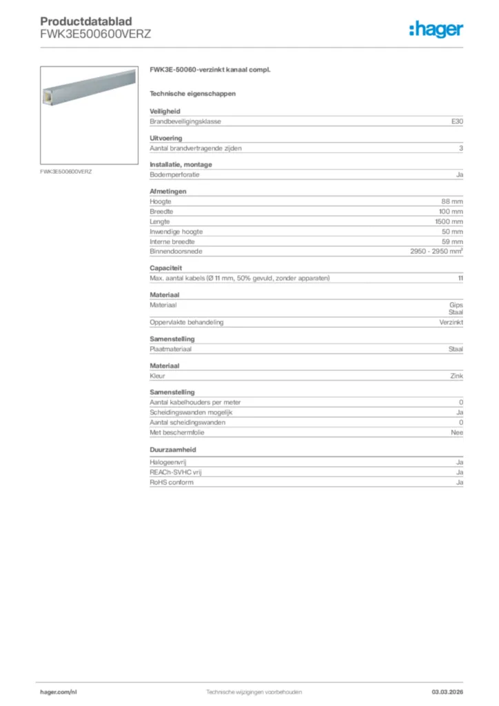 Afbeelding Hager Productdatablad FWK3E500600VERZ | Hager Nederland