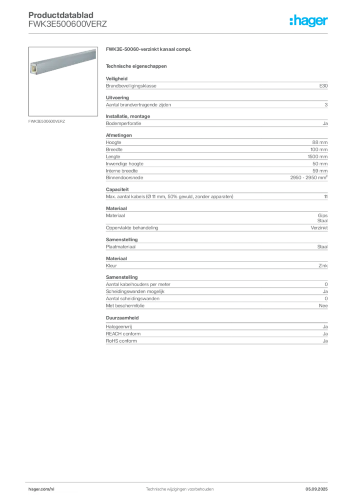 Afbeelding Hager Productdatablad FWK3E500600VERZ | Hager Nederland