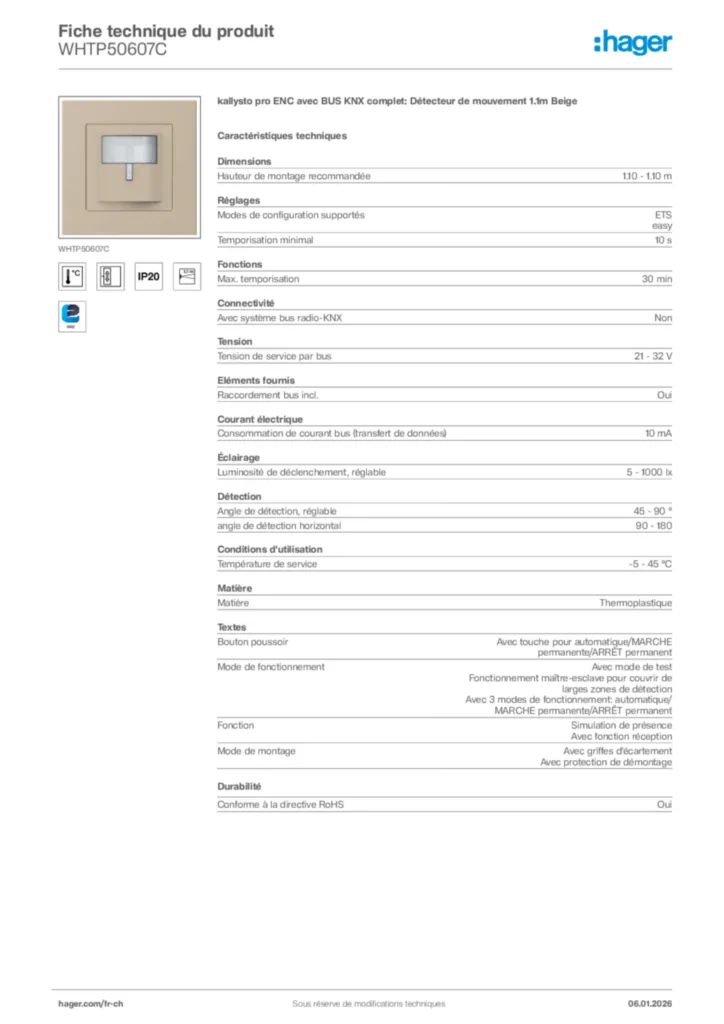 Image Hager Fiche technique du produit WHTP50607C | Hager Suisse