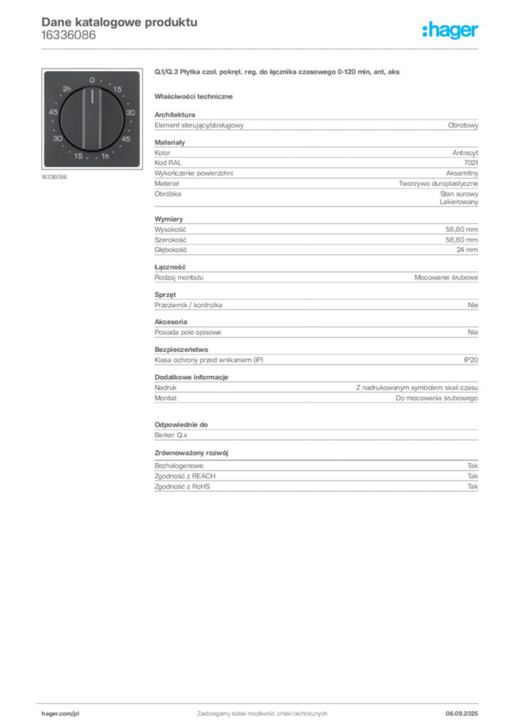 Zdjęcie Hager Dane katalogowe produktu 16336086 | Hager Polska