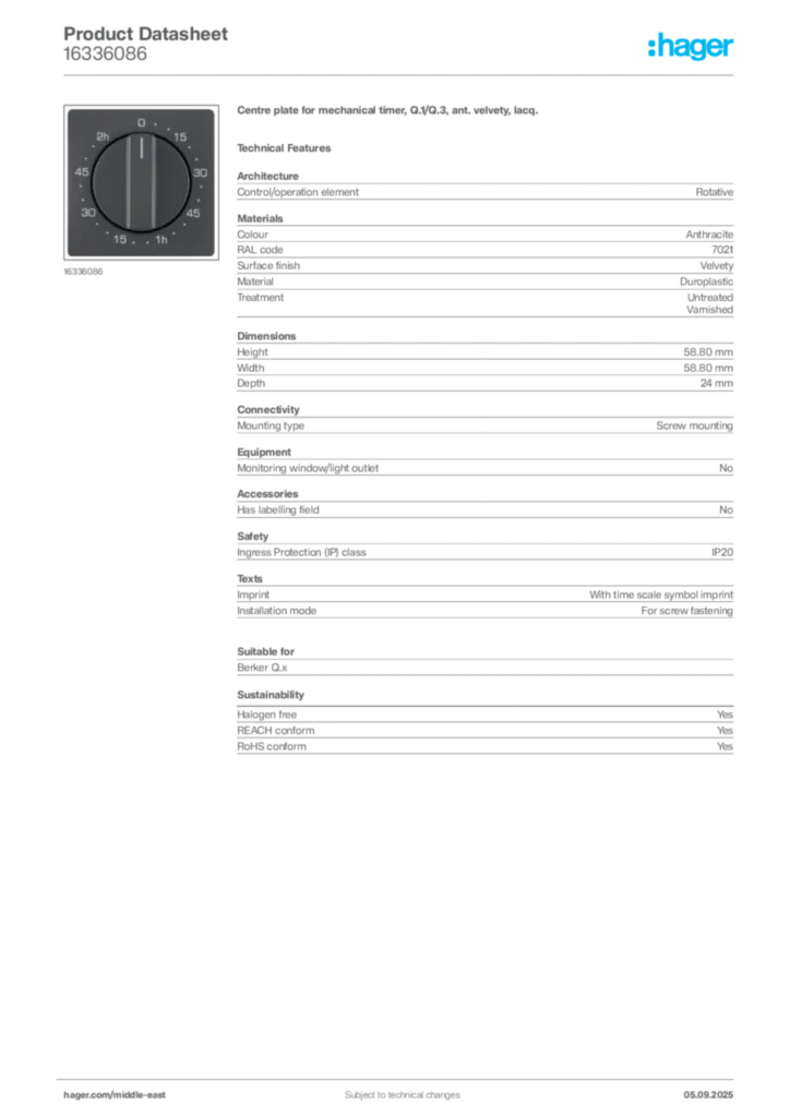 Image Hager Product data sheet 16336086  | Hager