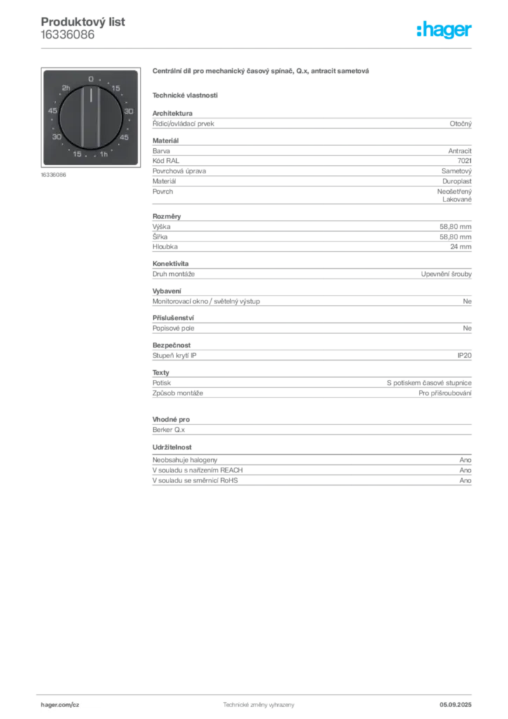 Obrázek Hager Produktový list 16336086 | Hager