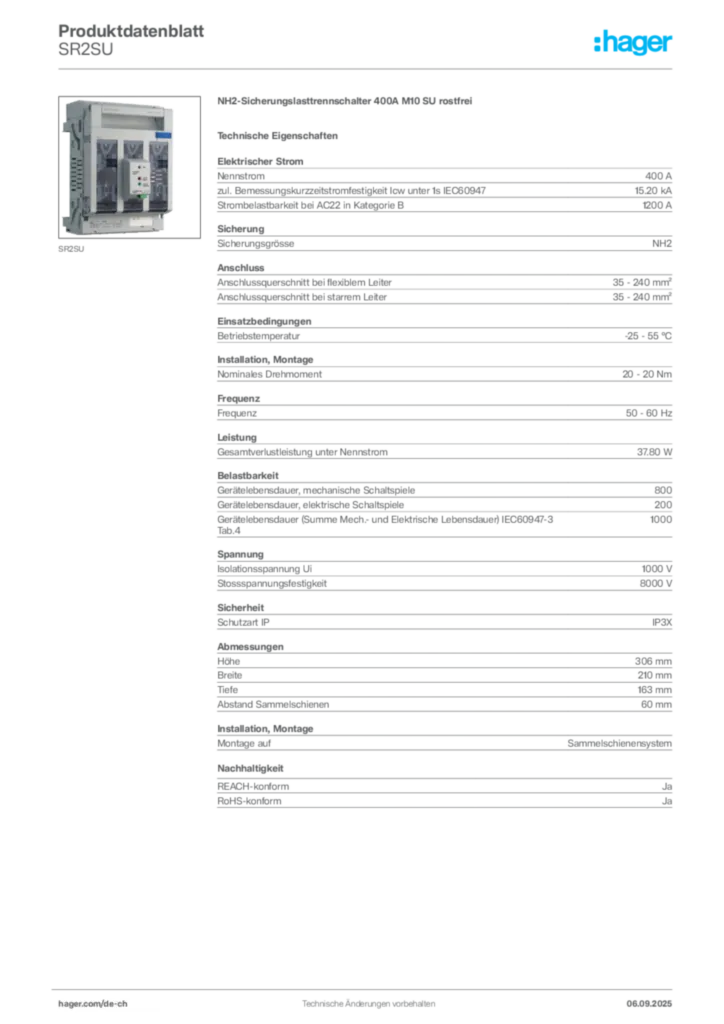 Bild Hager Produktdatenblatt SR2SU | Hager Schweiz