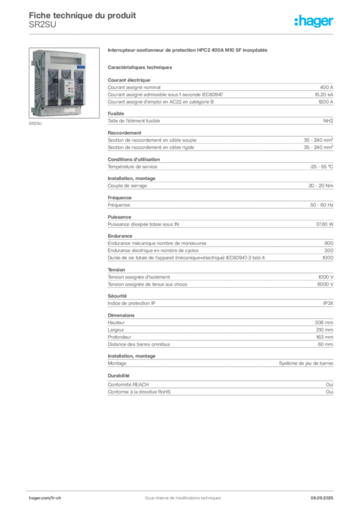 Image Hager Fiche technique du produit SR2SU | Hager Suisse