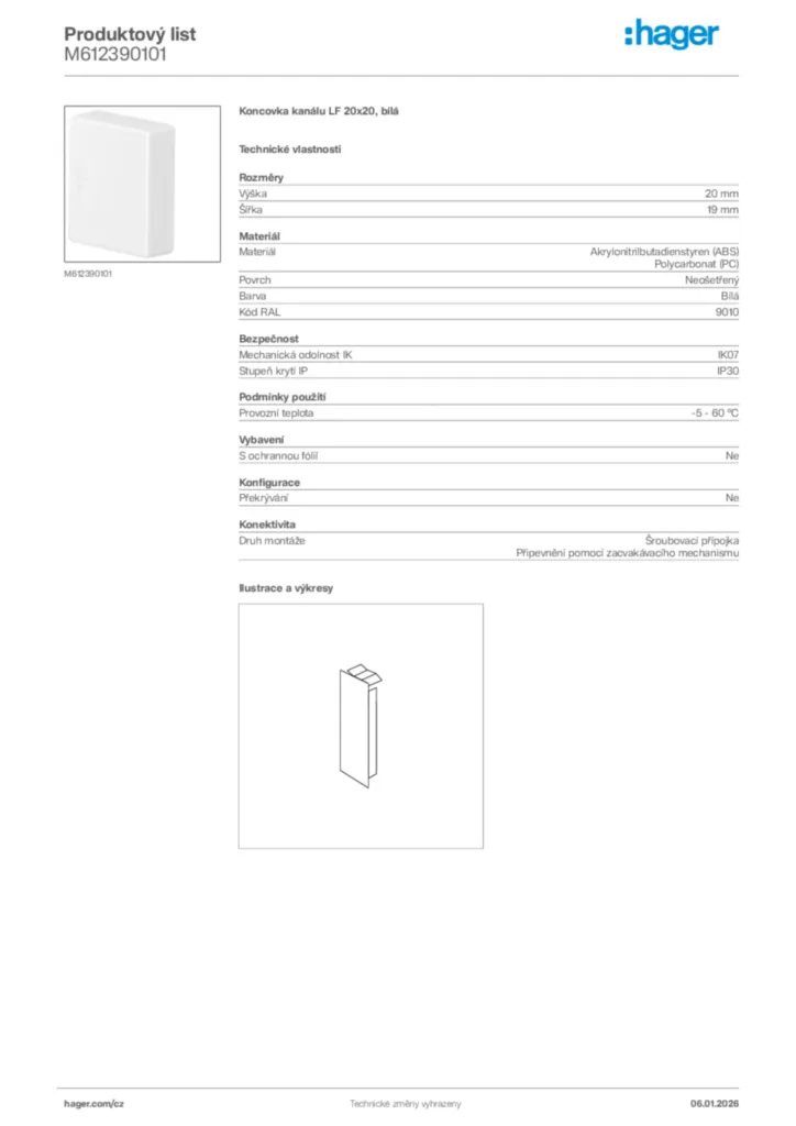Obrázek Hager Product data sheet M612390101 | Hager