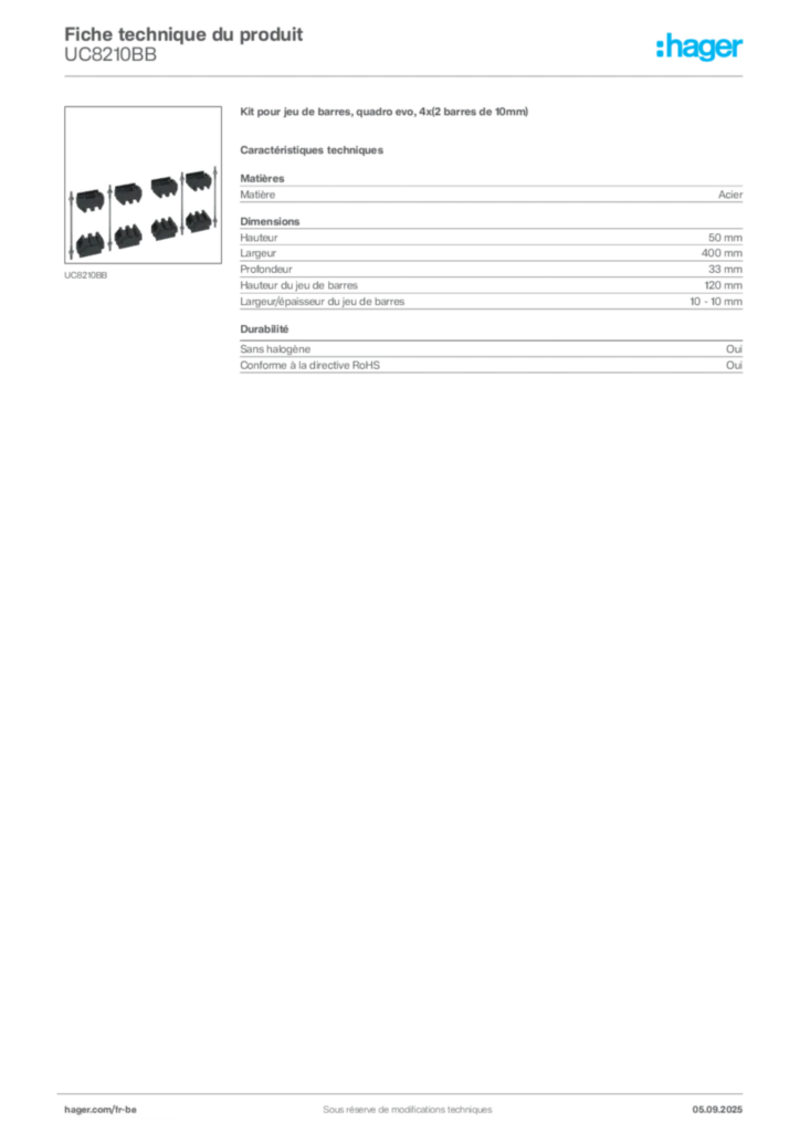 Image Hager Fiche technique du produit UC8210BB | Hager Belgique
