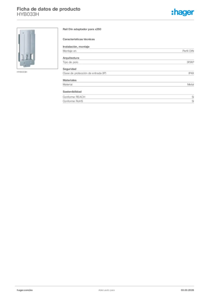 Imagen Hager Ficha de datos de producto HYB033H | Hager España
