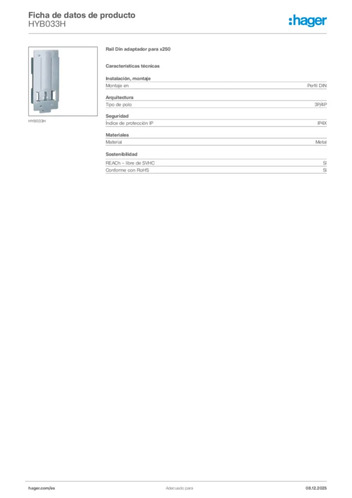 Imagen Hager Ficha de datos de producto HYB033H | Hager España