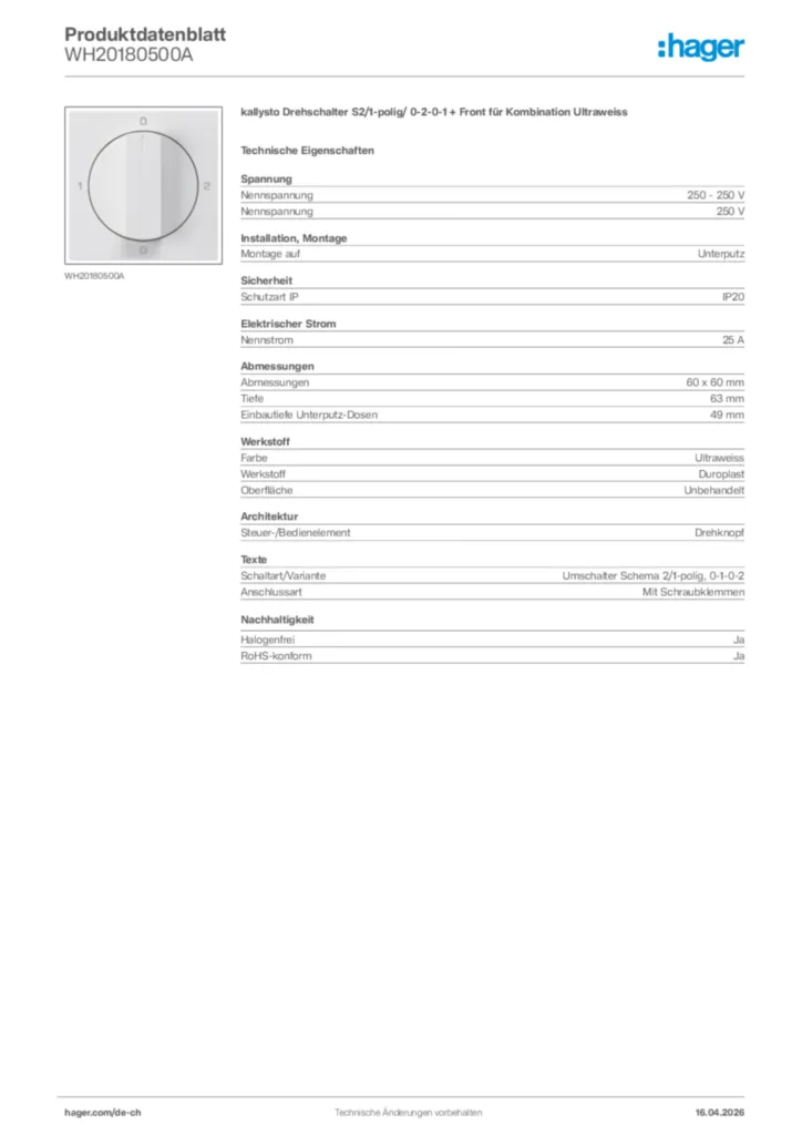 Bild Hager Produktdatenblatt WH20180500A | Hager Schweiz