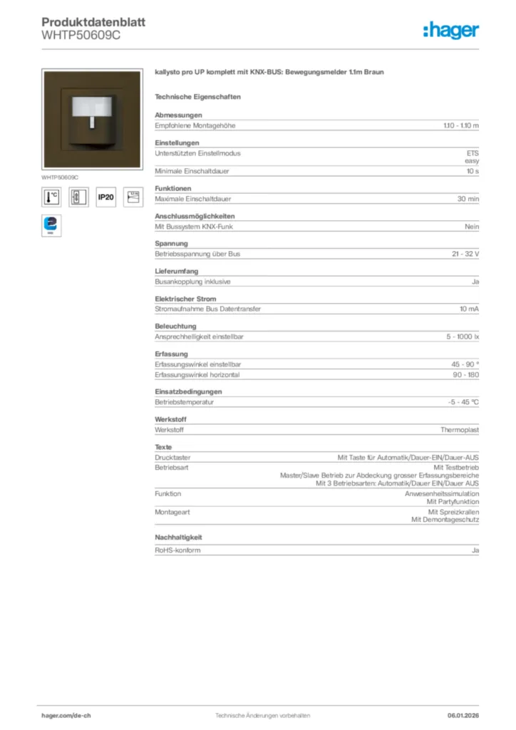 Bild Hager Produktdatenblatt WHTP50609C | Hager Schweiz