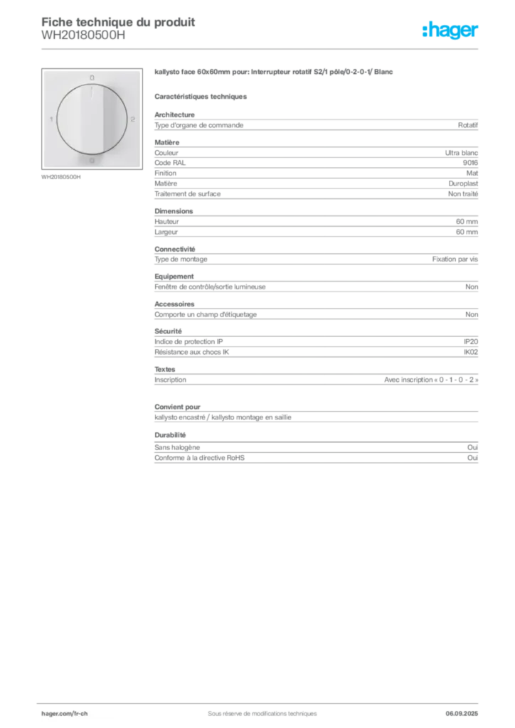 Image Hager Fiche technique du produit WH20180500H | Hager Suisse