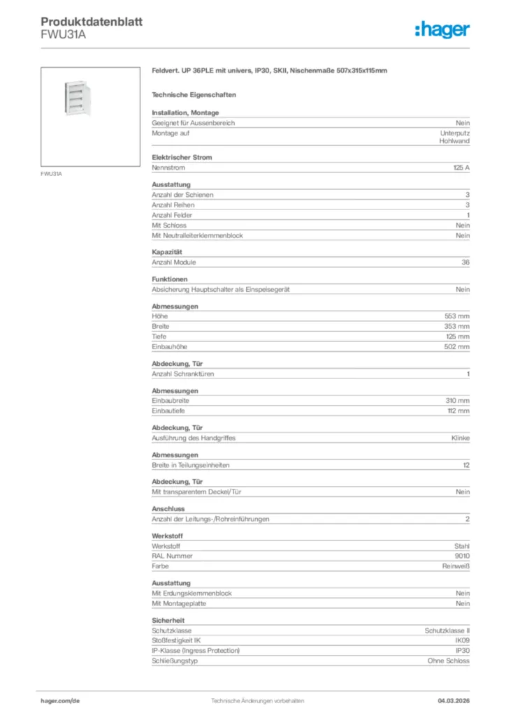 Bild Hager Produktdatenblatt FWU31A | Hager Deutschland