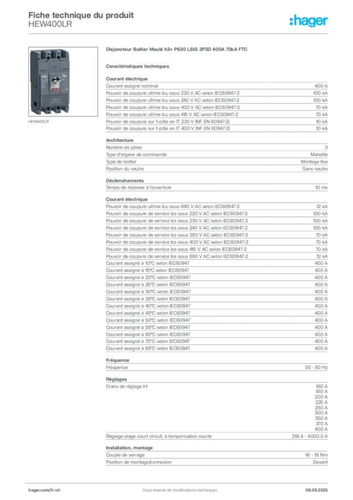 Image Hager Fiche technique du produit HEW400LR | Hager Suisse