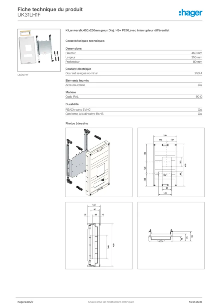 Image Hager Fiche technique du produit UK31LH1F | Hager France
