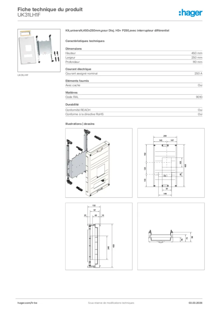 Image Hager Fiche technique du produit UK31LH1F | Hager Belgique