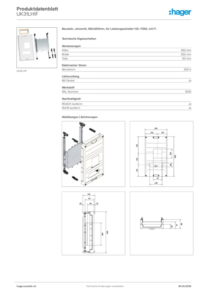 Bild Hager Produktdatenblatt UK31LH1F | Hager Schweiz
