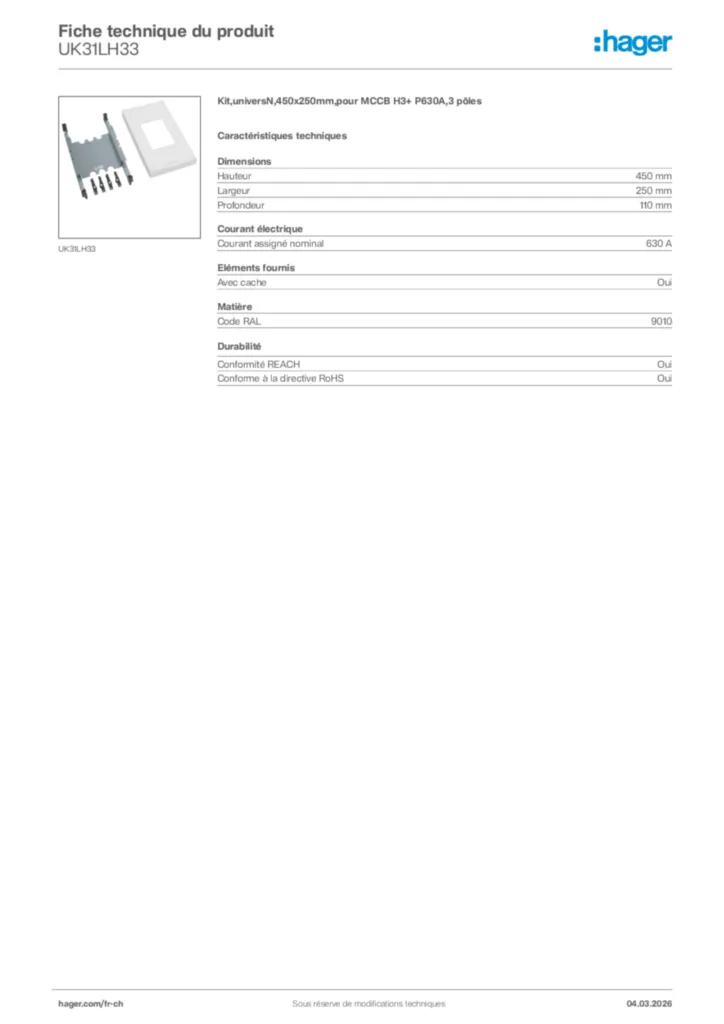 Image Hager Fiche technique du produit UK31LH33 | Hager Suisse