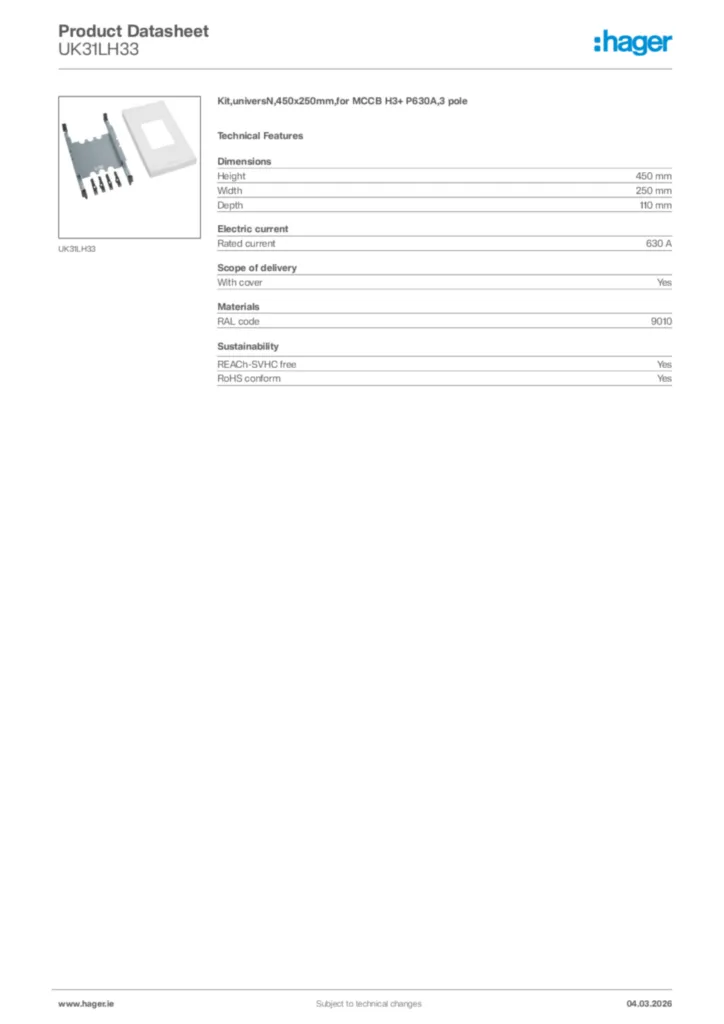 Image Hager Product data sheet UK31LH33  | Hager