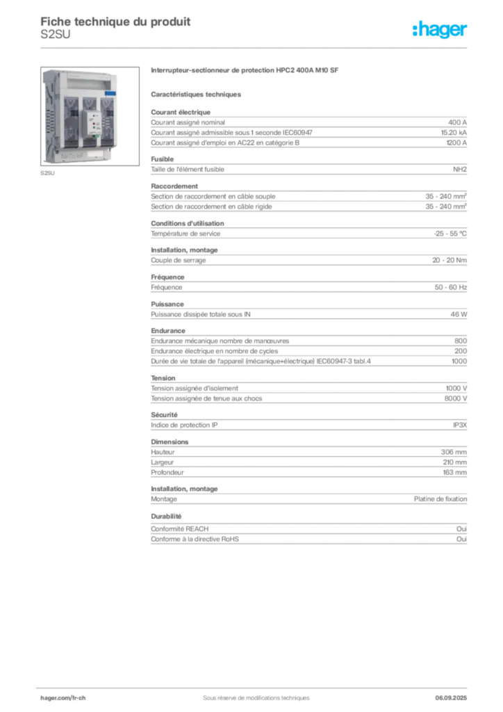 Image Hager Fiche technique du produit S2SU | Hager Suisse