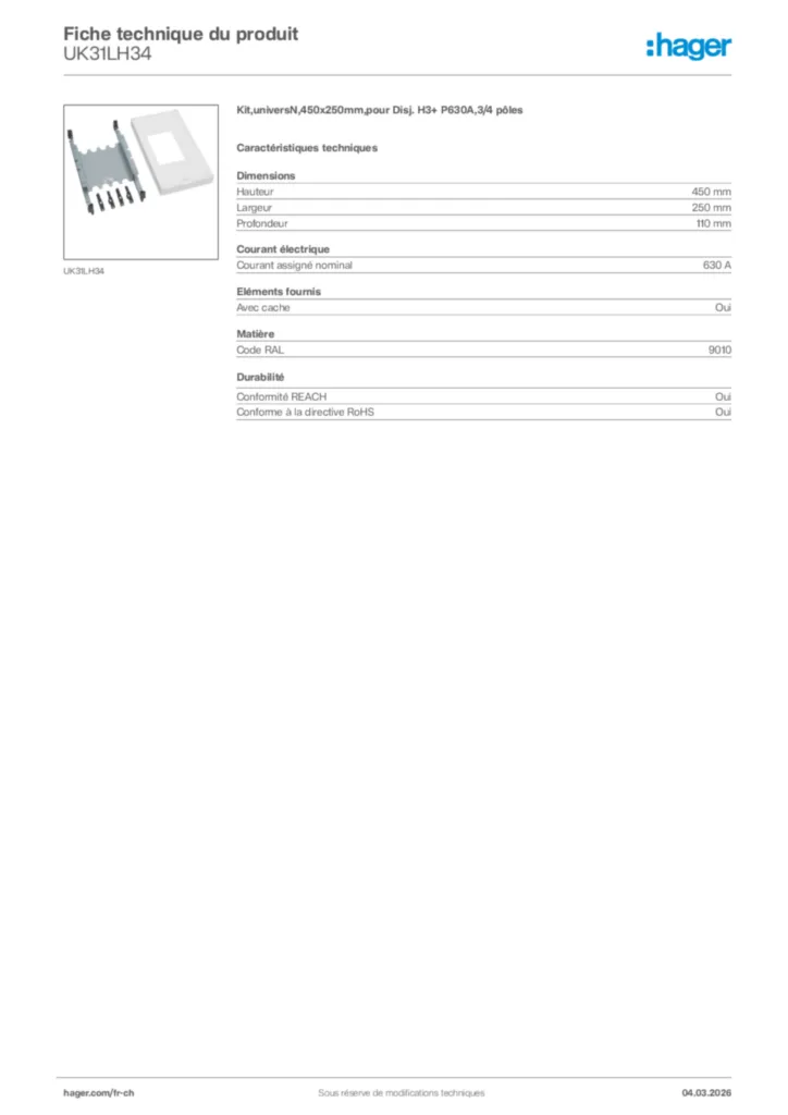 Image Hager Fiche technique du produit UK31LH34 | Hager Suisse