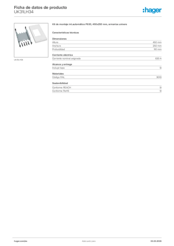 Imagen Hager Ficha de datos de producto UK31LH34 | Hager España