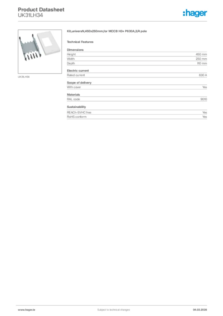 Image Hager Product data sheet UK31LH34  | Hager